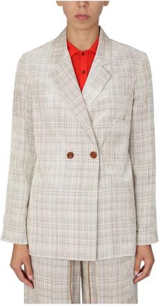Alysi Velvet Check Double-Breasted Blazer - Dames - Blazers - Beige - XS - Leer - Jassen