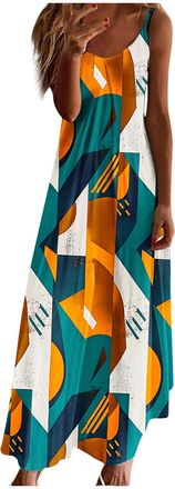 Generic Women Strappy Summer Dress Casual Bohemian Maxi Dresses Vintage Floral Print Flowy Beach Holiday Dresses V Neck Sleeveless Summer Boho Long Sundress L