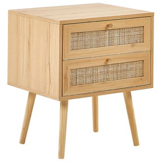 Beliani Beliani - Mesa De Noche De Rat&aacute;n Madera Clara Dorado 48 X 40 Cm 2 Cajones Boho Perote