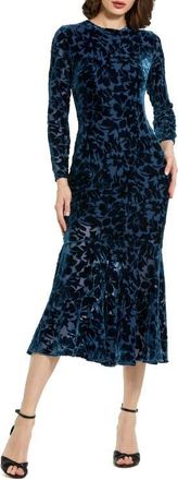 Mac Duggal Burnout Velvet Long Sleeve Ruffle Hem Midi Dress in Deep Blue at Nordstrom, Size 18