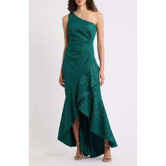 Eliza J Ruffle Lace One-Shoulder Gown in Hunter at Nordstrom, Size 10