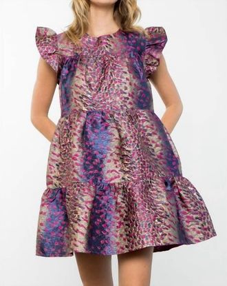 THML Clothing Amaryllis Flutter Sleeve Textured Dress In Gold/purple/pink