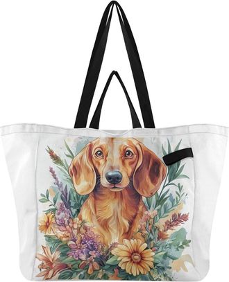 Generic Flowers Dachshund Beige print Reusable Canvas Tote Bag, Heavy Duty Grocery Shopping Bag with Double Handles Large Capacity Hard Bottom Work Groceries 