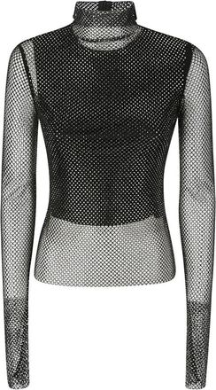 Sportmax Sportmax, Long Sleeve Tops, female, Black, Size: XS Glitter Mesh Top with High Collar