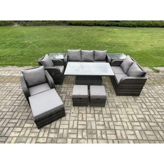 Fimous Wicker pe Rattan Outdoor Garden Furniture Sets Height Adjustable Rising lifting Dining Table Reclining Chair Sofa Set with Side Table Dark Grey Mixed