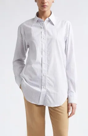 Maria McManus Stripe Organic Cotton Button-Up Tunic Shirt in White/blue/brown Stripe at Nordstrom, Size X-Small