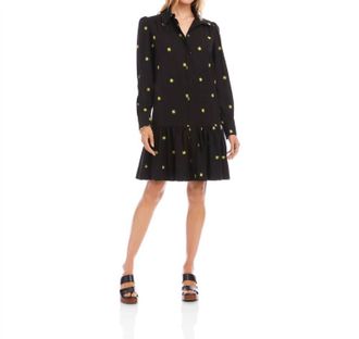 Karen Kane Long Sleeve Embroidered Ruffle Hem Dress In Black