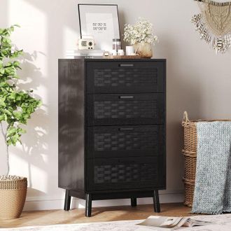 OEM Comoda Habitaci&oacute;n De Adulto, 4 Cajones, Trenzado De Rat&aacute;n, Minimalista Moderno, 55 X 39 X 95 Cm, Negro