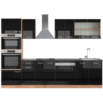 Vicco Mueble De Cocina R-line, Roble Negro/dorado De Alto Brillo, 300 Cm Con Armario Alto, Et Antracita