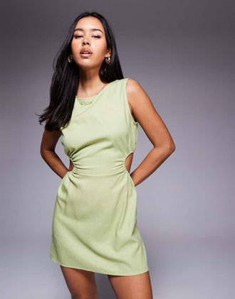 Princess Polly Mayzie - Vestito corto senza maniche verde salvia in misto lino con cut-out laterale