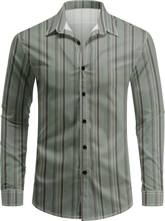 AlltheMen Mens Casual Striped Shirts Long Sleeve Button Down Printed Stylish Shirt Wedding Party Green 3XL