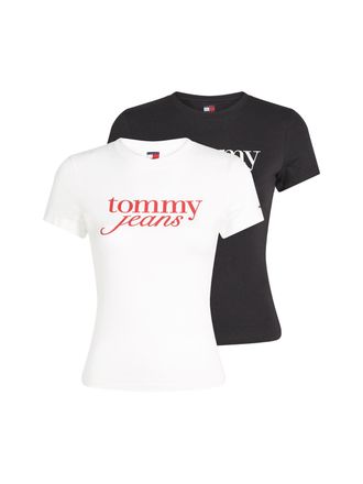 Tommy Jeans T-Shirt TOMMY JEANS TJW 2PACK ESSENTIAL LOGO TEE, Damen, Gr. XL (42), beige (ecru, schwarz), Single Jersey, Obermaterial: 70% Baumwolle, 30% Viskose, 