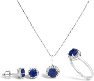 House of Brilliance 10K White Gold Blue Sapphire and 3/8 Cttw Diamond Halo Jewelry Set