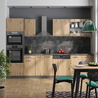 Vicco Mueble De Cocina R-line, Roble Artesanal/antracita, 300 Cm Con Armario Alto, Sin Encimera