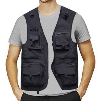 Generic Linen Waistcoat Mens Cargo Vest Outdoor Work Safari Fishing Vest Mesh Waistcoat With Multi Pockets MenS Lightweight Jacket Field Fishing Professional 