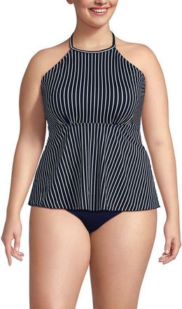 Lands End Plus Size Flutter High Neck Halter Tankini Top in Navy/egret White Stripe at Nordstrom, Size 1X