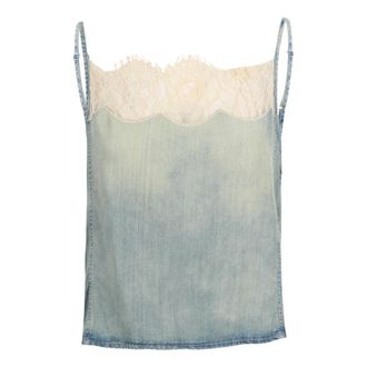 Diesel Sleeveless Tops, female, Blue, Size: XS Vintage Denim Top with Lace