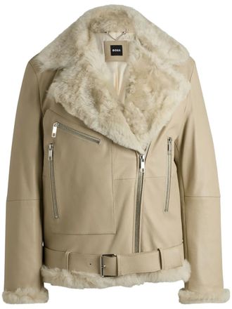 BOSS zipped leather jacket - women - Sheep Skin/Shearling/Lambskin/Polyester/Viscose - 34 - Neutrals