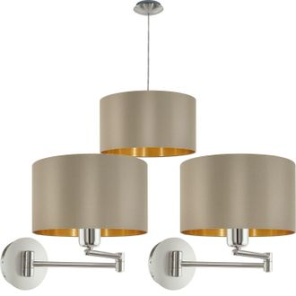 Loops Ceiling Pendant & 2x Matching Wall Lights Taupe & Gold Fabric Feature Shade
