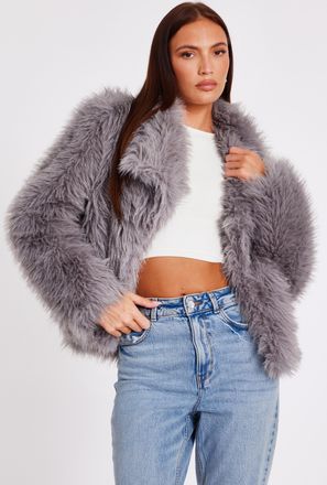 Quiz Womens Grey Faux Fur Glitter Cropped Jacket - Size 14 UK