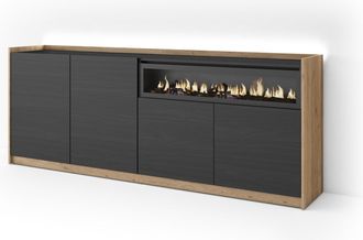 Skraut Home Skraut Home - Aparador Para Sal&oacute;n, Gran Capacidad De Almacenaje, 207x37x80cm, 4 Puertas, Chimenea El&eacute;ctrica, Led, Estilo Moderno, Negro Y Roble