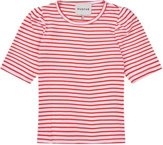 Munthe Gestreept T-shirt met Pofmouw - Dames - T-shirts - Rood - M - Katoen - Tops