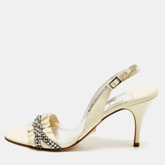 Gina Cream Leather Crystal Embellish Slingback Sandals Size 41