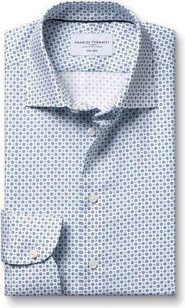 CHARLES TYRWHITT Non-Iron Stretch Print Cotton Shirt - White & Blue Single Cuff Size 14.5/32 by Charles Tyrwhitt