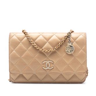 Chanel Gold Quilted Iridescent Lambskin Coin Charm Wallet on Chain