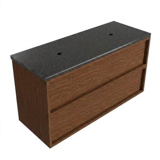 Saniclass Holz Frame Badkamermeubelset - 120x45x63cm - Noche basalten wastafel gepolijst - 1 wasbak - zonder kraangat - 2 lades - mat walnut pure (hout)