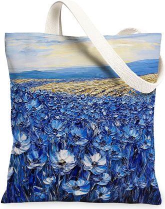 Generic Spring Cornflower Flower Canvas Tote Bag for Shopping 13x15, Florals Landscape Reusable Grocery Print Pattern Bag for Women, Nature Scenic Beach Aesth