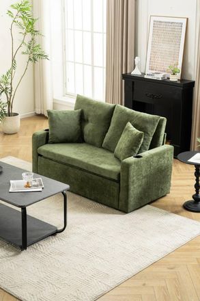 Living and Home 2 Seater Sofa Bed with Cup Holders and Pillows in Green