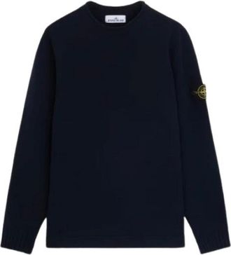 Stone Island Lamswollen trui met ronde hals en ribdetails - Heren - Ronde hals truien - Blauw - L - Wol - Truien & Vesten