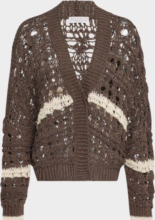 Brunello Cucinelli Stripe Cotton-Jute Open Knit V-Neck Cardigan