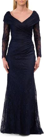 La Femme Lace Long Sleeve V-Neck Evening Gown in Navy at Nordstrom, Size 12
