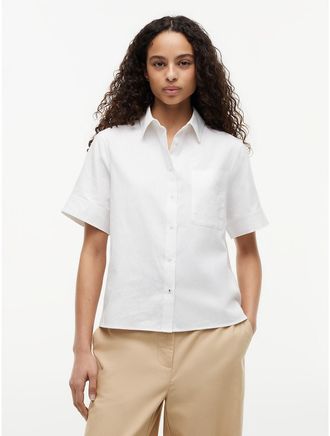 Tommy Hilfiger Womens Short-Sleeve Linen-Blend Shirt - White - XXL