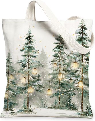 Generic Winter Forest Canvas Tote Bags, Rustic Tree Pattern Reusable Shopping Bags, Vintage Lightweight Washable Shoulder Strap Tot, White, 13x15 Inch