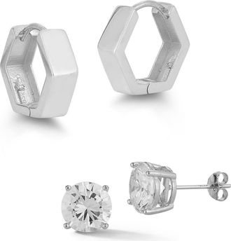 Glaze Jewelry Set of 2 Cubic Zirconia Stud & Huggie Hoop Earrings in Silver at Nordstrom Rack