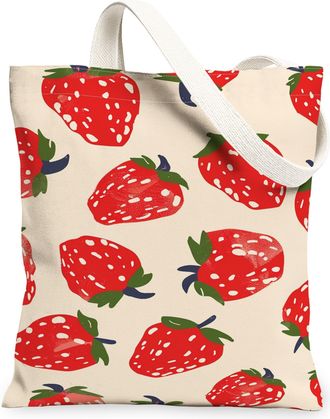 Generic Strawberry Floral Canvas Tote Bags, Retro Fruit Pattern Reusable Grocery Bags, Summer Lightweight Washable Shoulder Strap C, Beige, 13x15 Inch