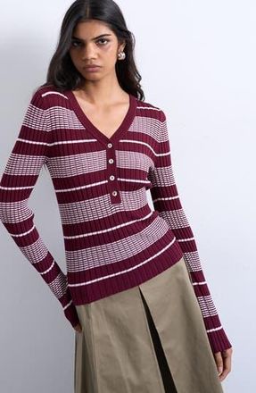 Topshop Stripe V-Neck Henley Sweater in Burgundy at Nordstrom Rack, Size X-Small