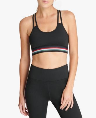 DKNY Track Stripe Racerback Mid Impact Sports Bra In Black