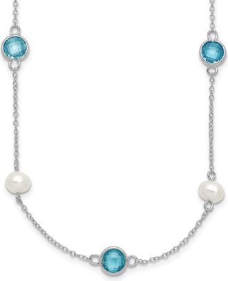 Diamond2Deal Sterling Silver Blue Pineapple-cut Cubic Zirconia & Cultured Pearl 9 Station Necklace 18