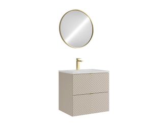 Vente-Unique Mueble de ba&ntilde;o suspendido con dise&ntilde;o de espiga, lavabo encastrado, grifo y espejo - Beige - 60 cm - DORIONI