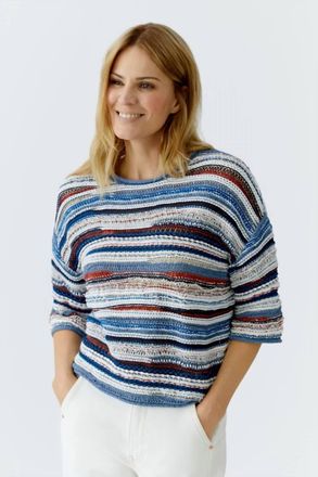 Oui Yarn Mix Stripes Pullover In Blue And White Multi