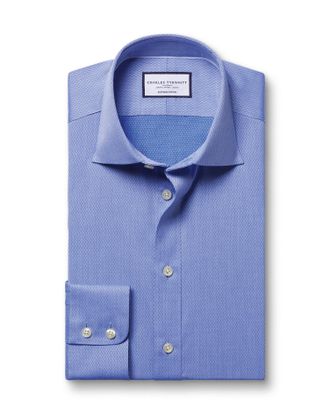 CHARLES TYRWHITT Luxury Ascot Weave Cotton Formal Shirt - Indigo Blue Single Cuff Size Large by Charles Tyrwhitt