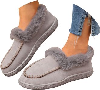 Generic Womens Winter Loafer Warm Fleece Lining Anti-Slip Ankle Snow Boots Slip On Casual Shoes Outdoor Plush Short Booties Fuzzy Loafers Fashion Low Top Flat