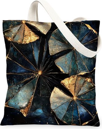 Generic Spring Water Lily pad Canvas Tote Bag for Shopping 13x15, Modern Cool Floral Reusable Grocery Print Bag for Women, Abstract Luxury Beach Aesthetic Pai