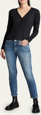 Majestic Filatures V-Neck Button-Down Long-Sleeve Stretch-Linen Cardigan