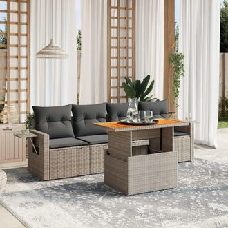 vidaXL Juego De Sof&aacute;s Jard&iacute;n Con Cojines 5 Pzas Rat&aacute;n Sint&eacute;tico Gris Vidaxl