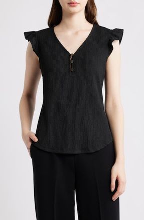 Anne Klein Button Front Ruffle Sleeve Top in Anne Black at Nordstrom, Size Xx-Small